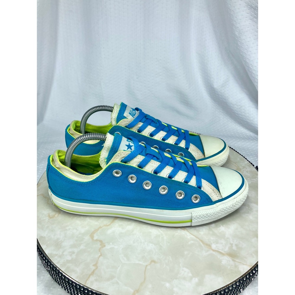 Converse Low Top Double Tongue Shoes Womens Sz 9 Blue Lime Green Canvas Sneakers - Picture 2 of 12